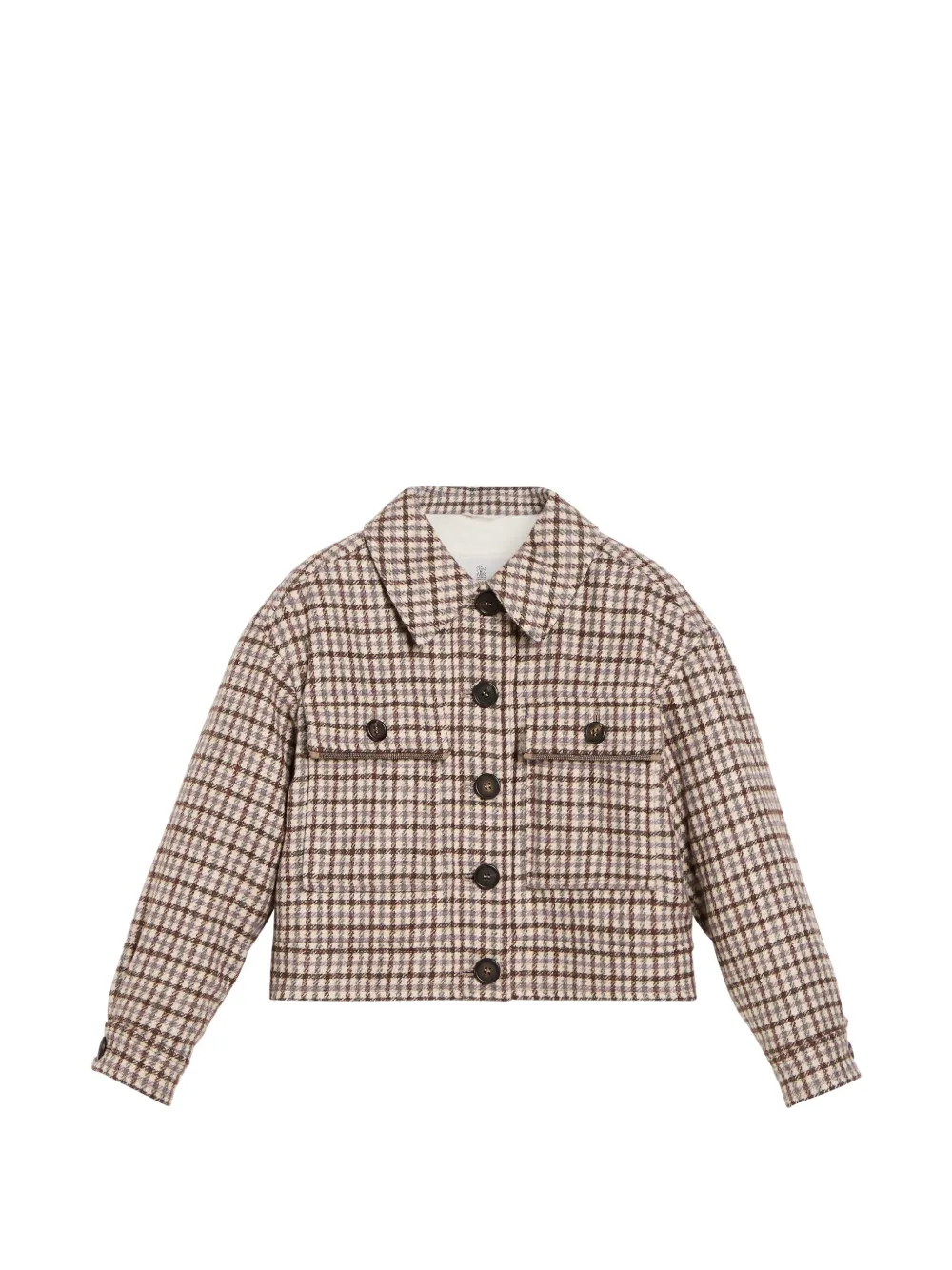 Brunello Cucinelli Kids Giacca a quadri in lana e alpaca con imbottitura Thermore® e monile - Toni neutri