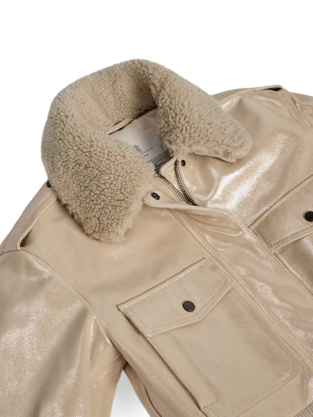 Brunello Cucinelli Kids Nappaleren jack met Thermore voering en afneembare lammy kraag Beige