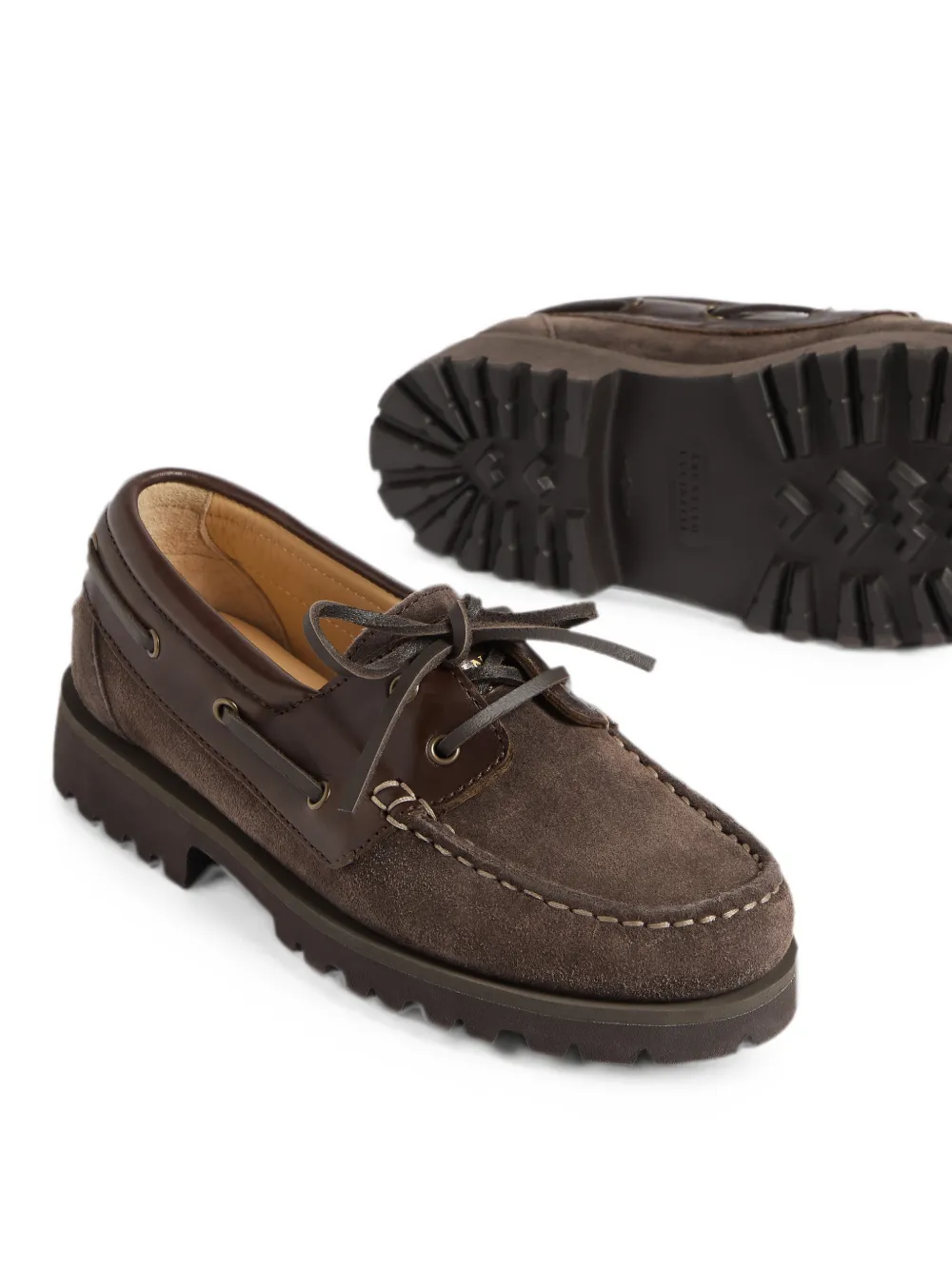 Brunello Cucinelli Kids Suède en kalfsleren bootschoenen Bruin