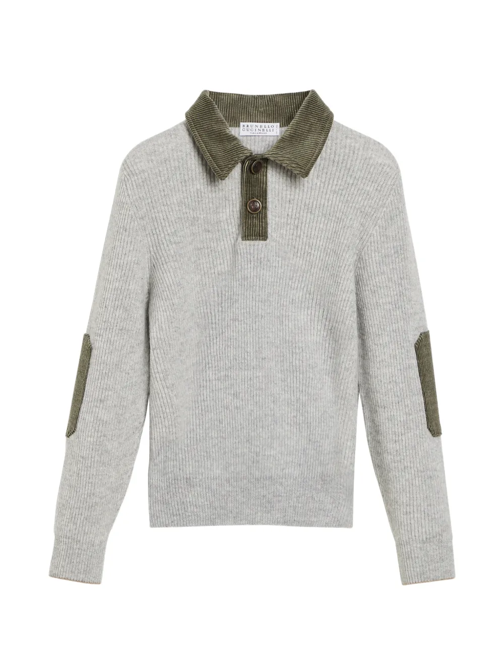 Brunello Cucinelli Kids Poloshirt aus Kaschmir mit englischem Rippstrick und Cordeinsätzen - Grau