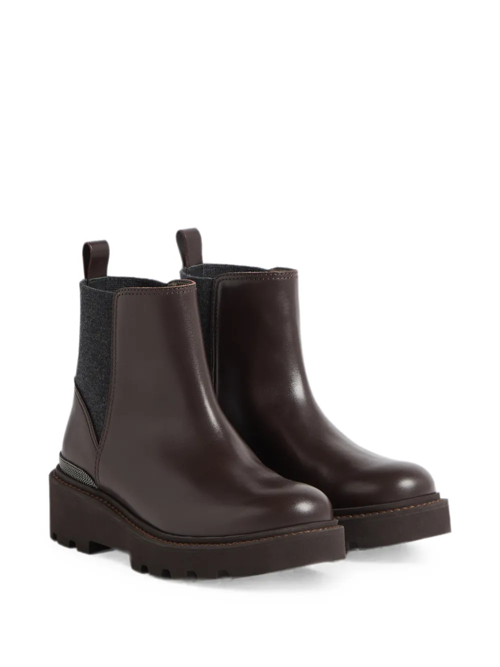 Brunello Cucinelli Kids Matte kalfsleren en stretch-scheerwol Chelsea laarzen met Monili-verfraaiing Bruin