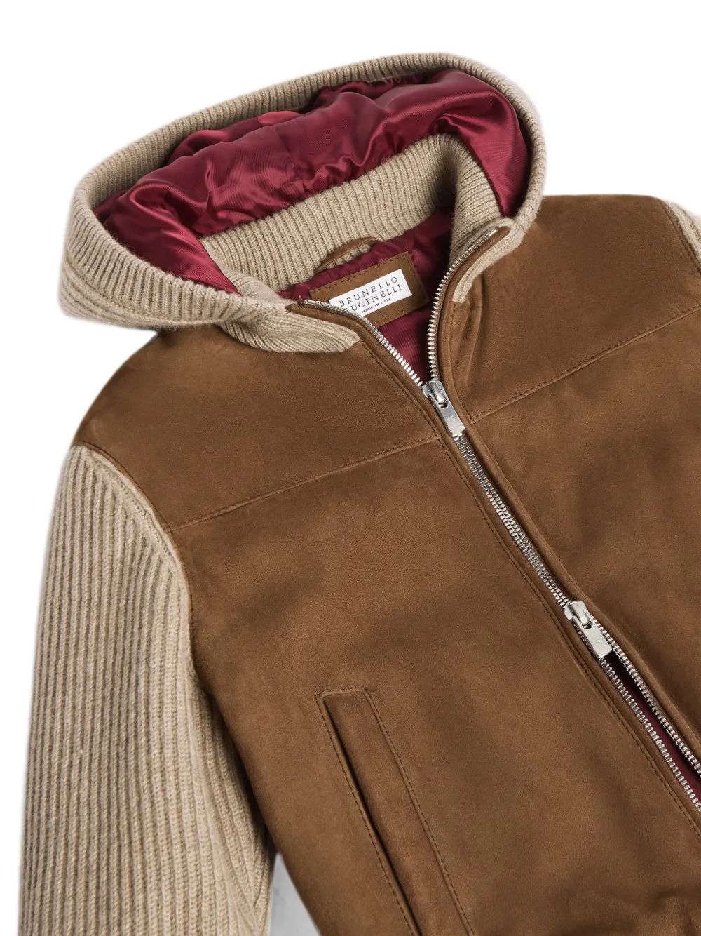 Brunello Cucinelli Kids Ribgebreid suède en kasjmier jack met capuchon Beige