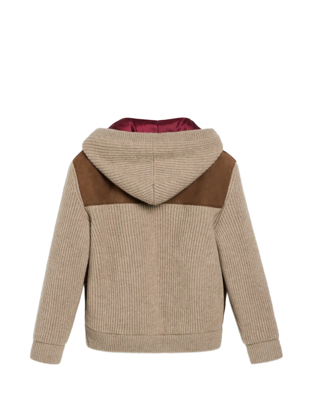 Brunello Cucinelli Kids Ribgebreid suède en kasjmier jack met capuchon Beige