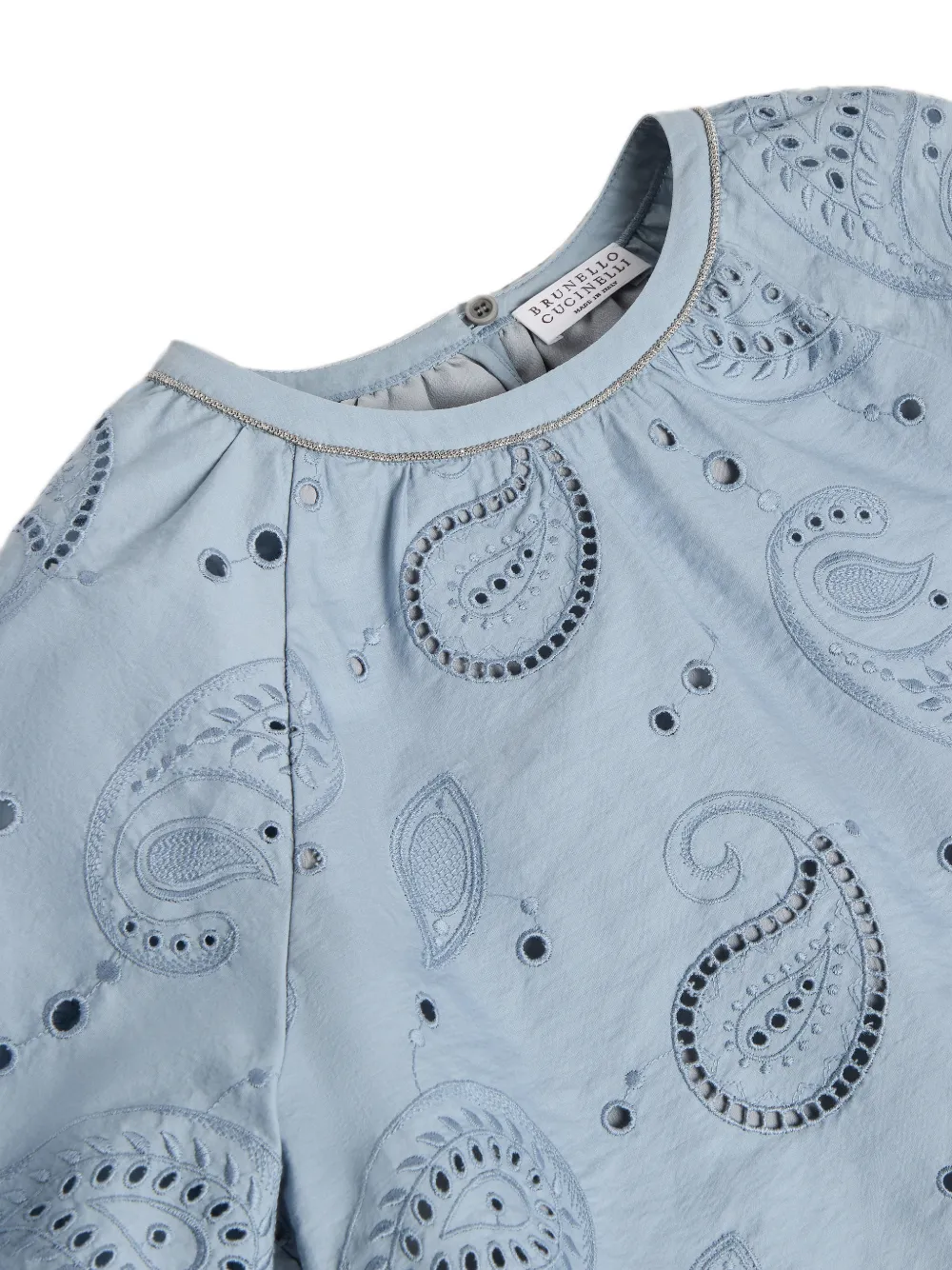 Brunello Cucinelli Kids Broderie anglaise katoenen top met paisley-patroon en Monili-verfraaiing Blauw
