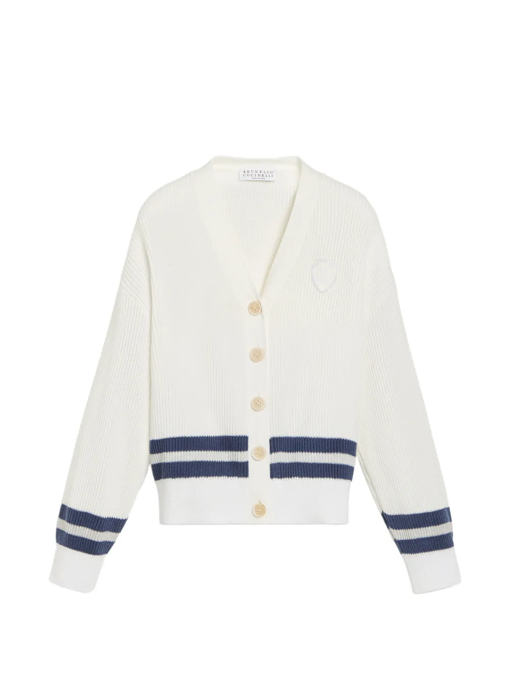 Brunello Cucinelli Kids Cardigan a coste inglesi con righe e logo - Bianco
