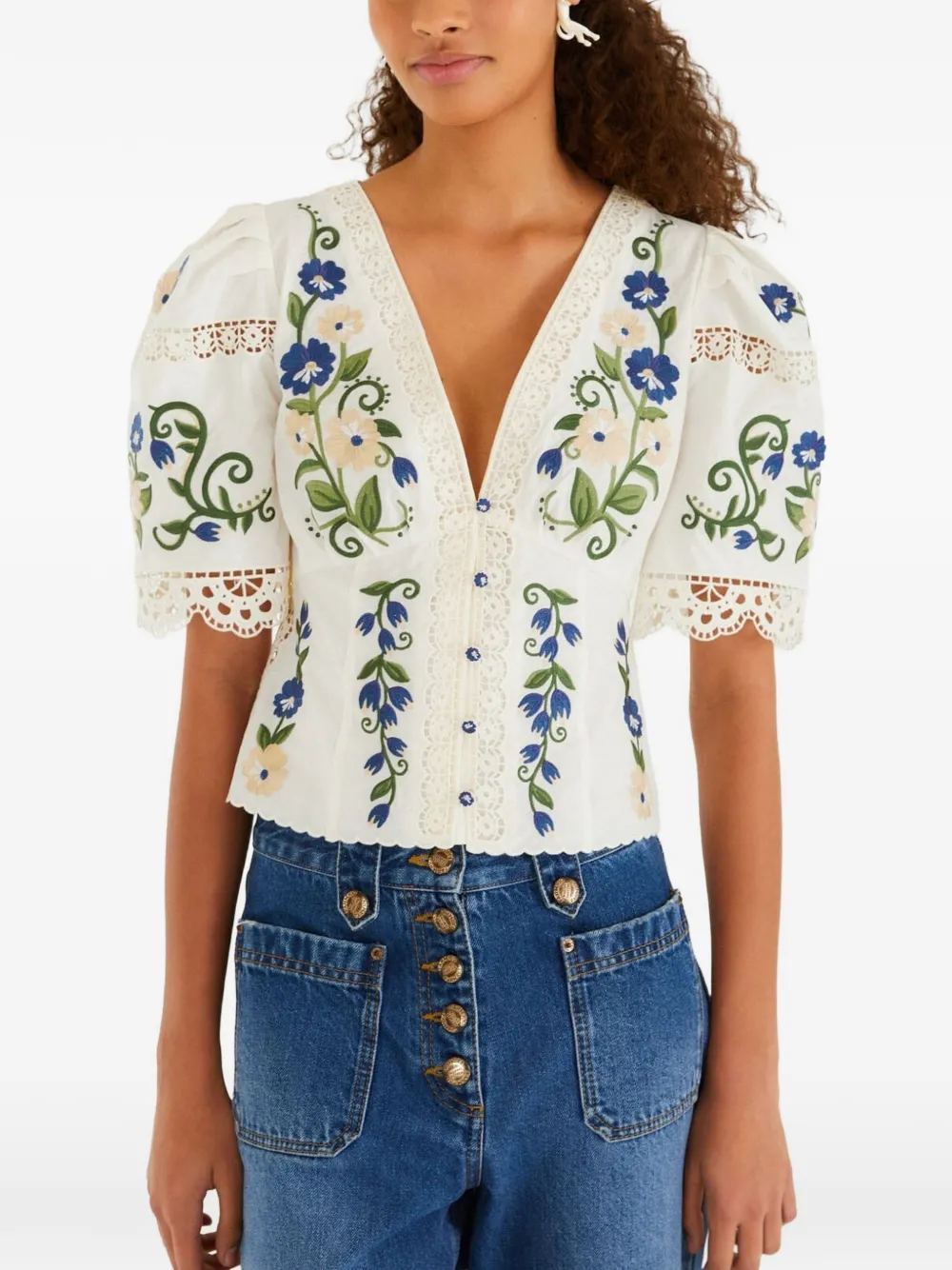 FARM Rio embroidered lace-trim blouse - Bianco