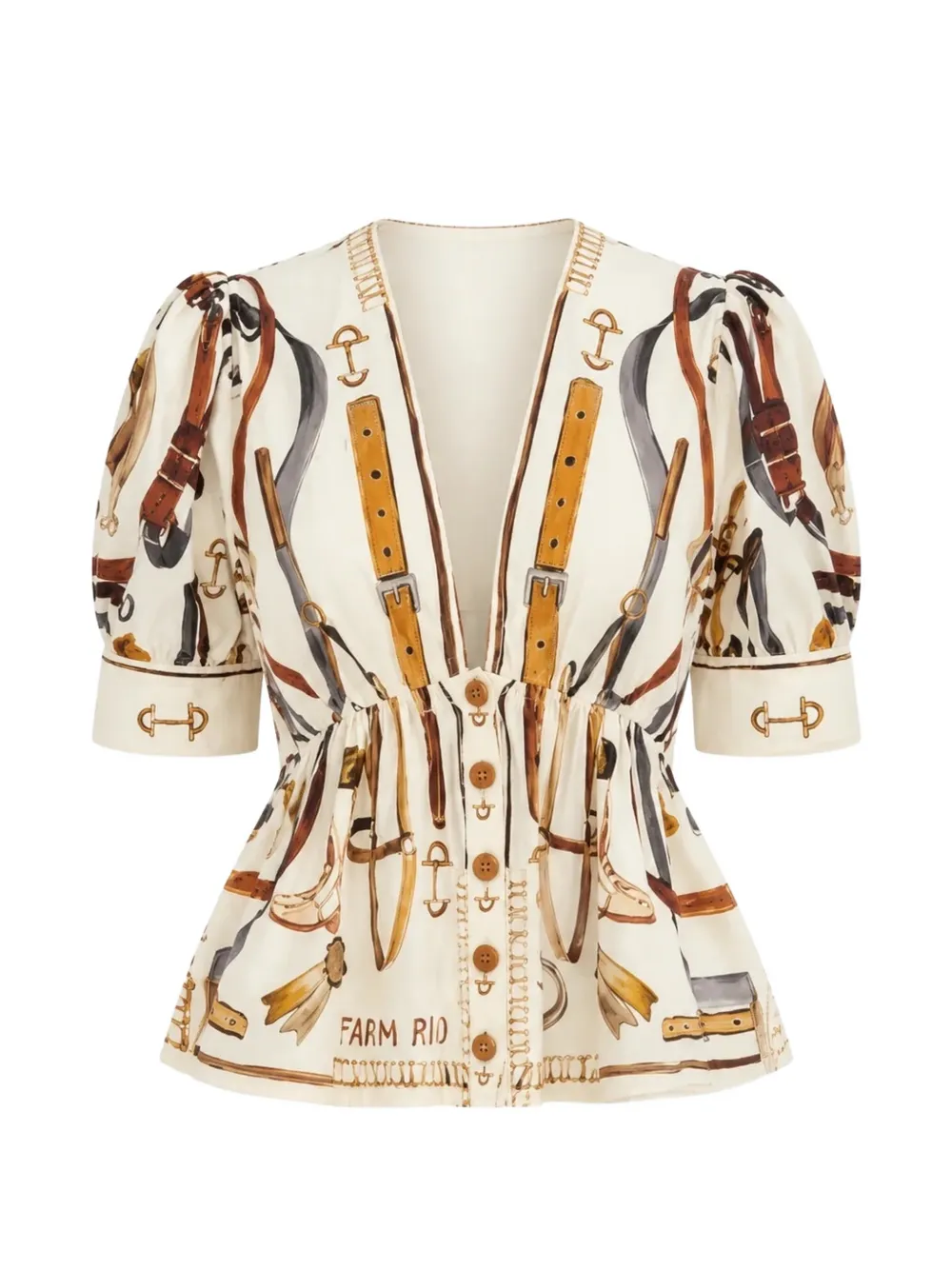 FARM Rio equestrian-print puff-sleeve blouse - Toni neutri