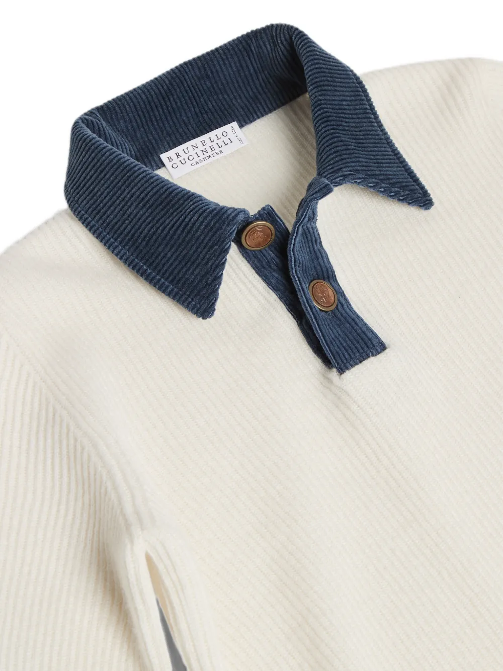 Brunello Cucinelli Kids Kasjmier ribgebreid poloshirt met ribfluwelen inzetstukken Wit
