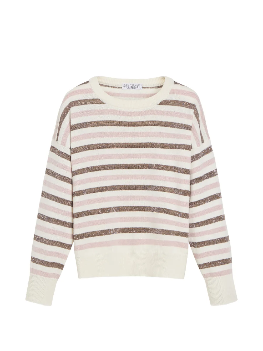 Brunello Cucinelli Kids Pullover aus Schurwolle, Baumwolle und Seide mit funkelnden Streifen - Nude