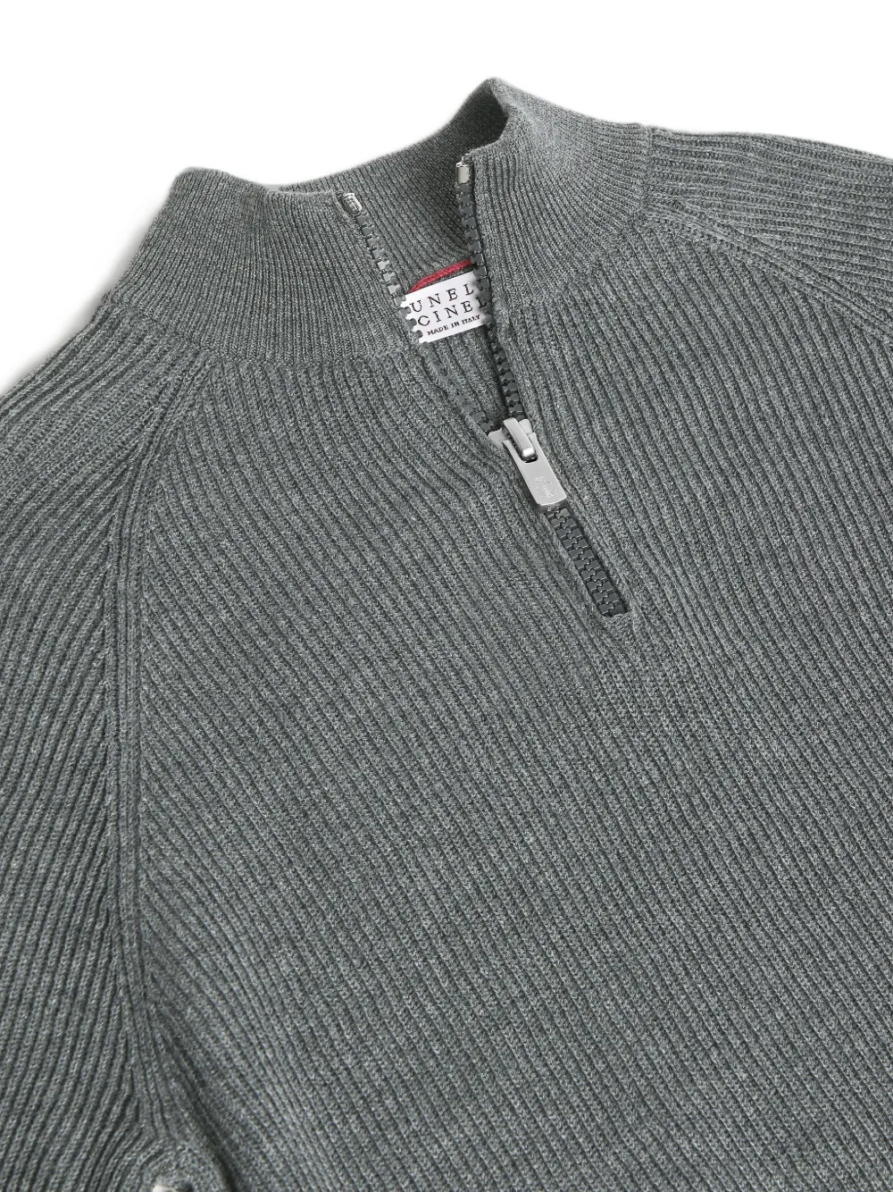Brunello Cucinelli Kids Katoenen geribbelde trui met halve rits Grijs