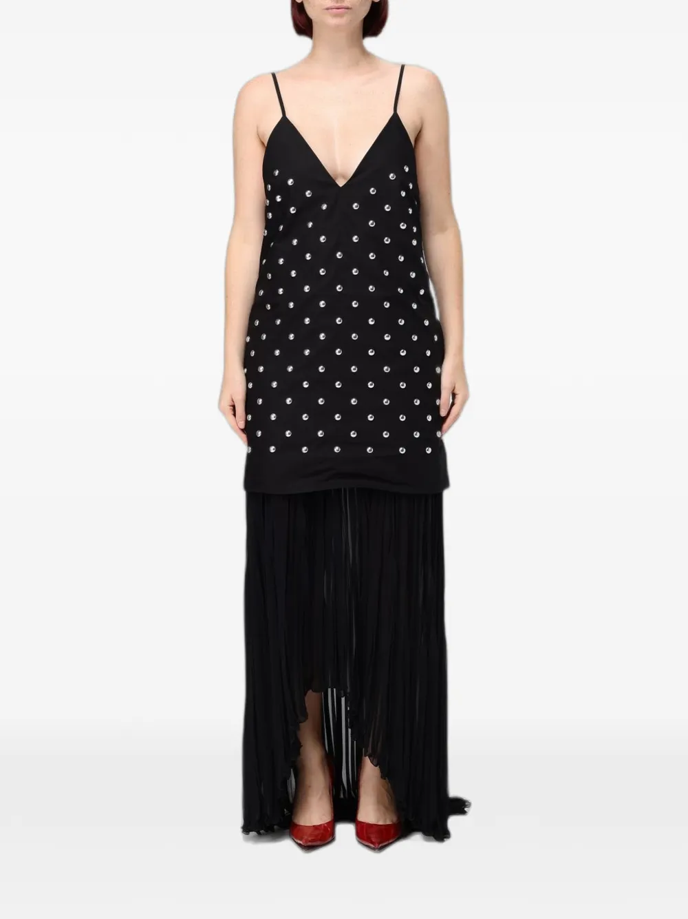 Msgm Stud-embellished Pleated Maxi Dress In Black