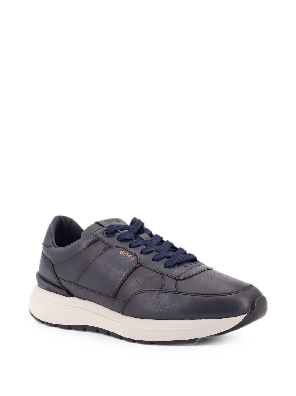 BOSS logo-engraved leather sneakers Blauw