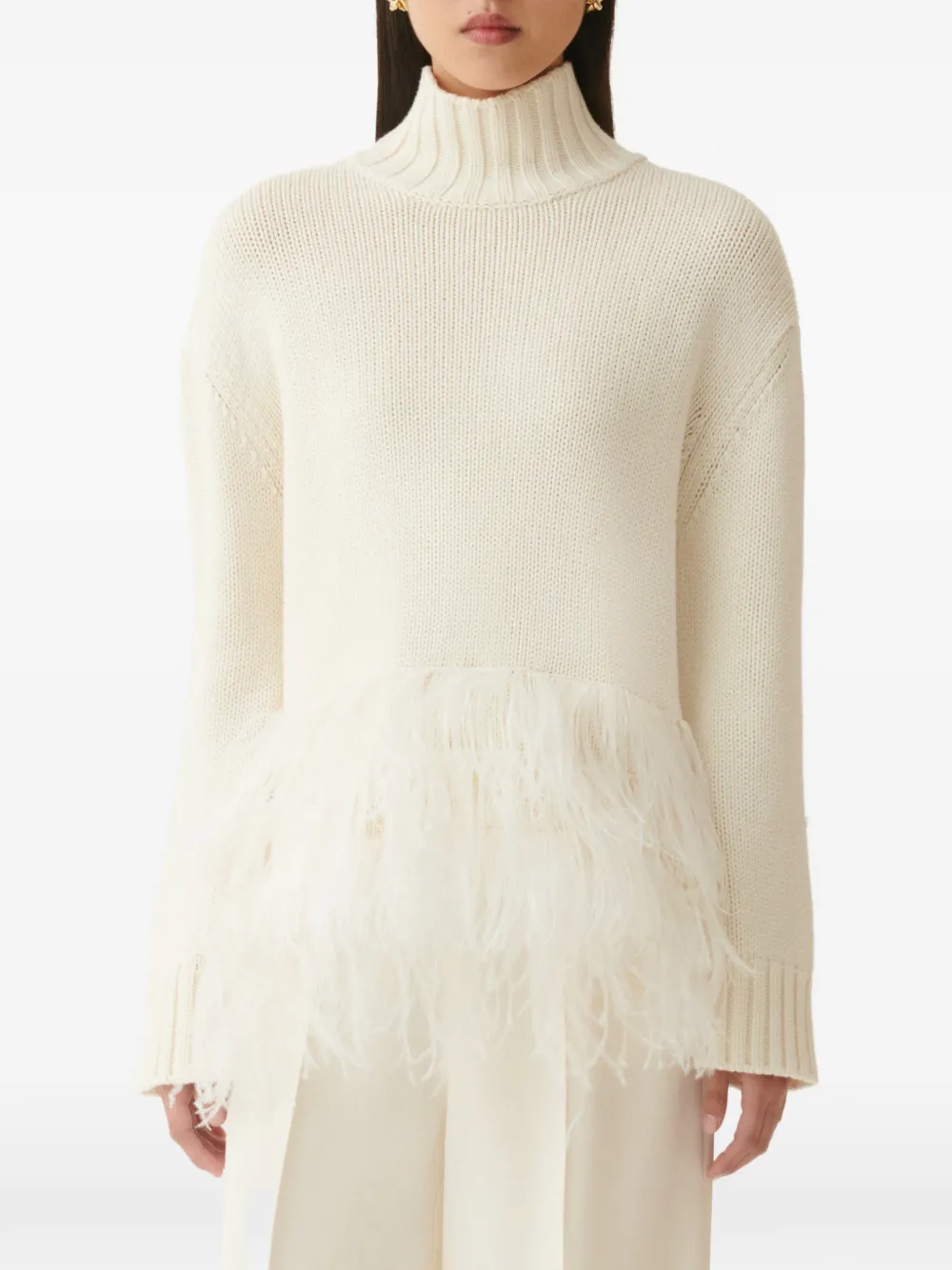 Fabiana Filippi ostrich-feather-trim ribbed-knit sweater Beige