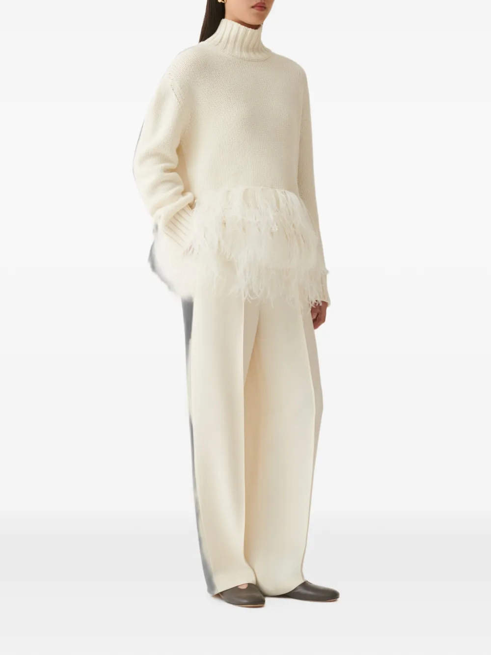 Fabiana Filippi ostrich-feather-trim ribbed-knit sweater Beige
