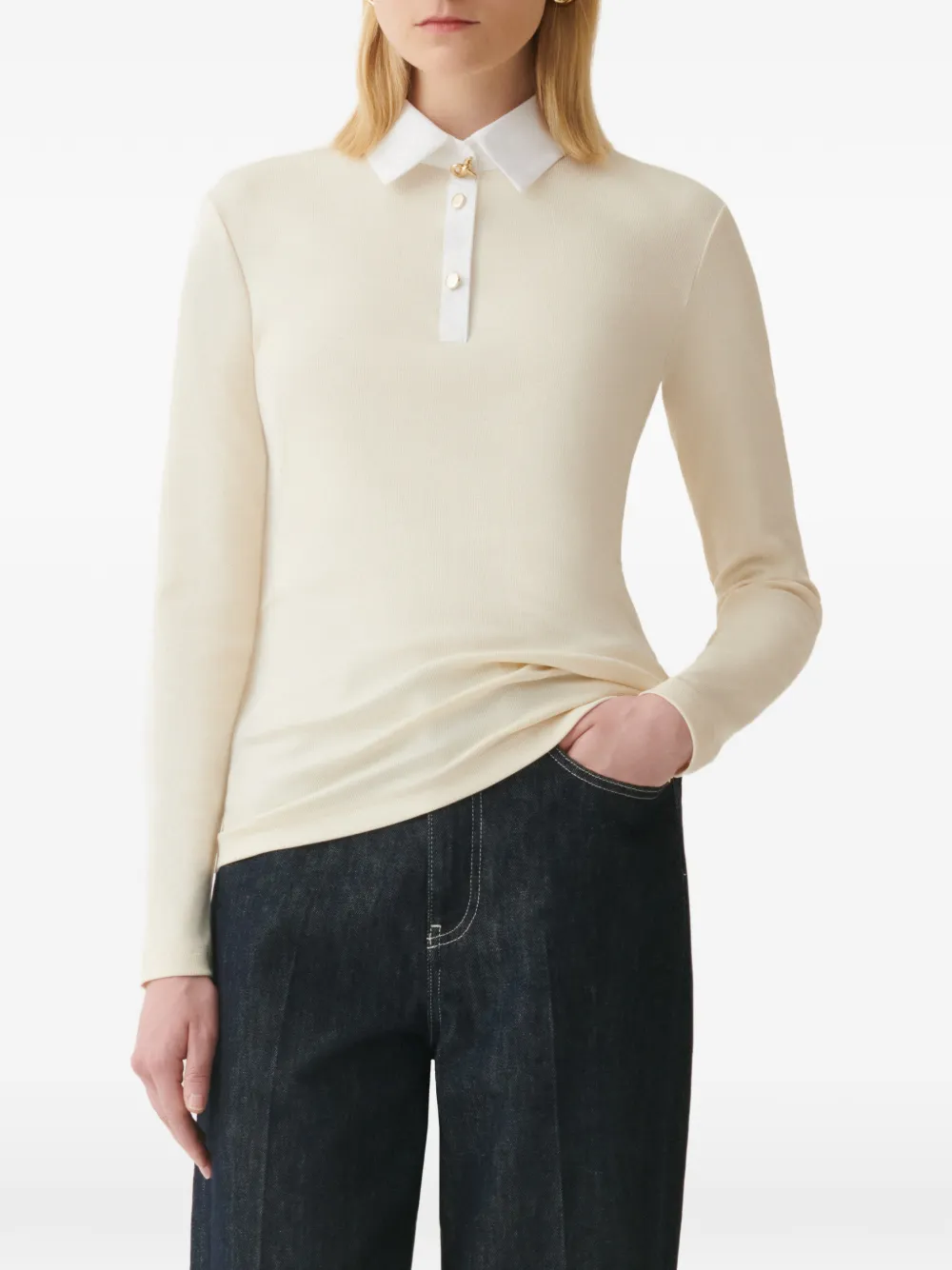 Fabiana Filippi Poloshirt met contrasterende kraag en lange mouwen Beige