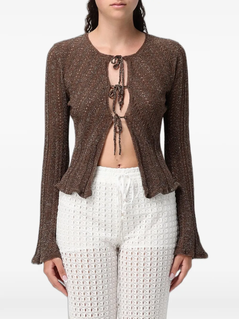 TWINSET metallic-thread tie-fastening cardigan - Braun