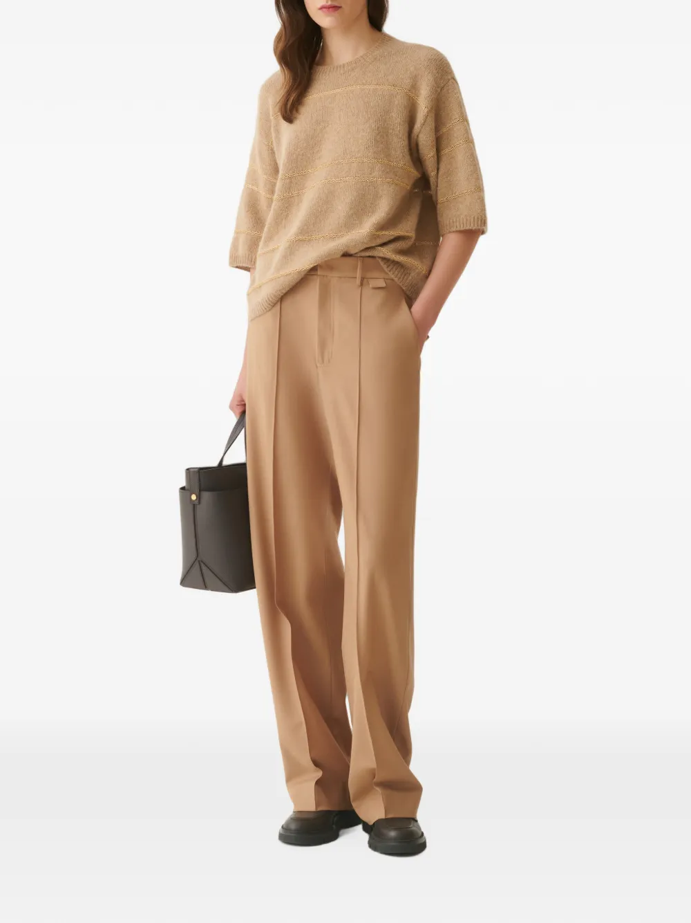 Fabiana Filippi Gestreepte trui met korte mouwen Beige