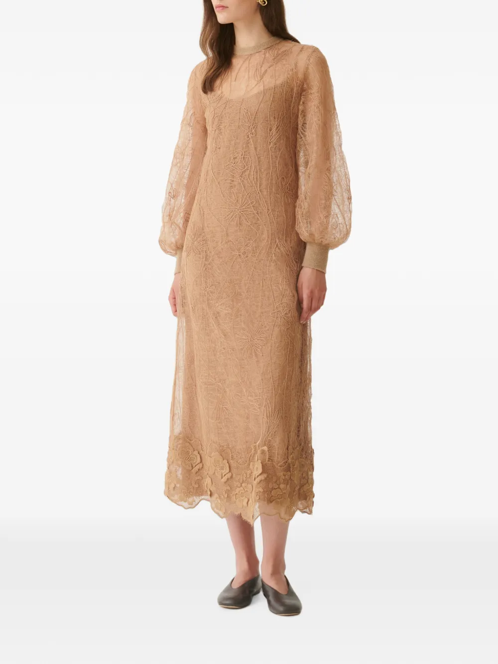 Fabiana Filippi Midi-jurk met mesh bovenlaag en geborduurde bloemen Beige