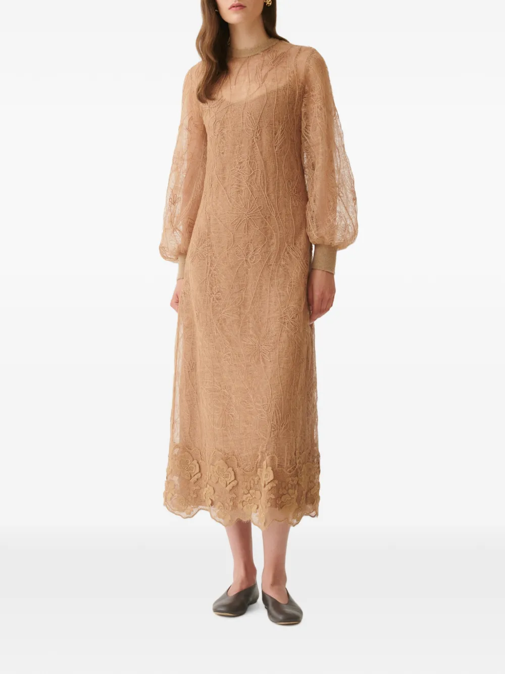 Fabiana Filippi Midi-jurk met mesh bovenlaag en geborduurde bloemen Beige