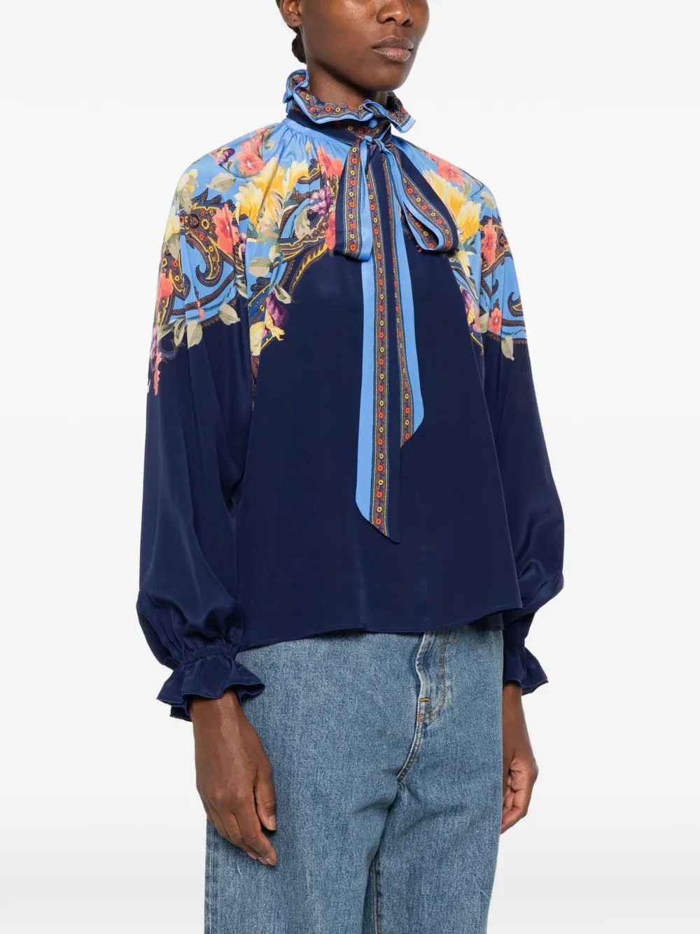 ETRO Blouse met bloemen-print en ruches Blauw