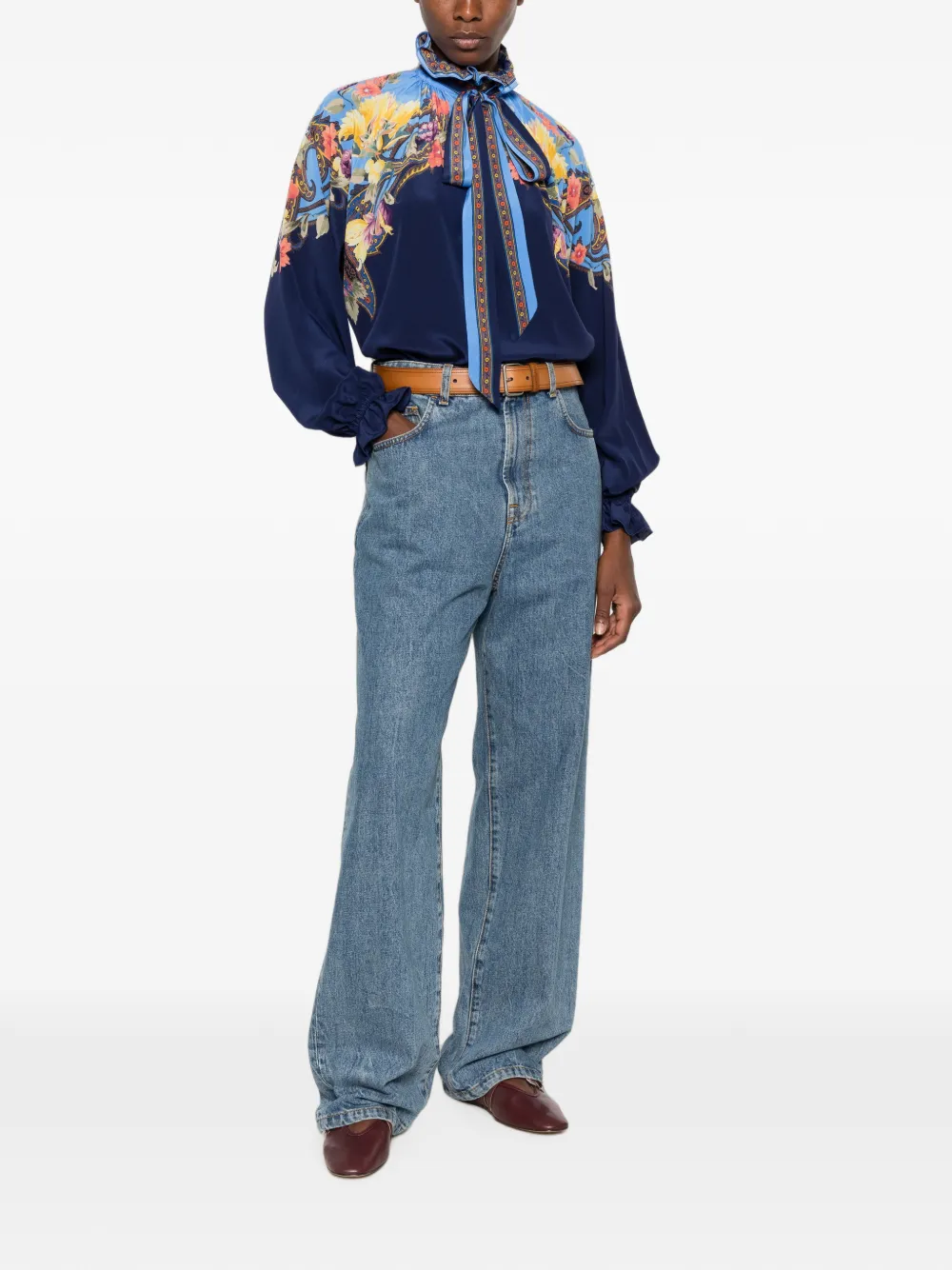 ETRO Blouse met bloemen-print en ruches Blauw