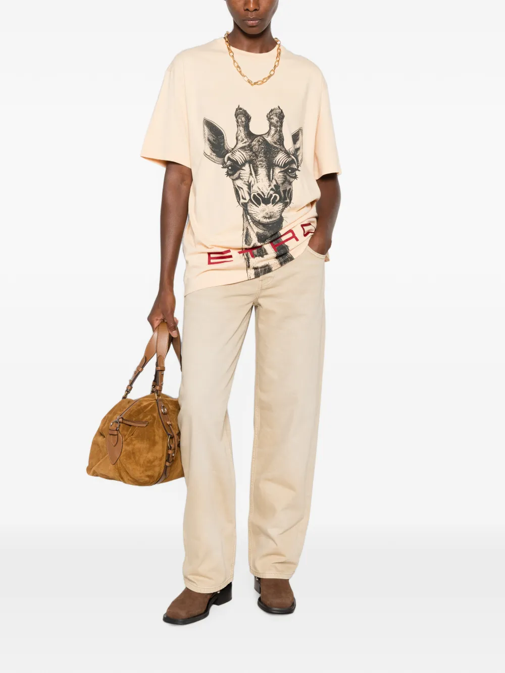 ETRO T-shirt met giraffe-print en logoprint Beige
