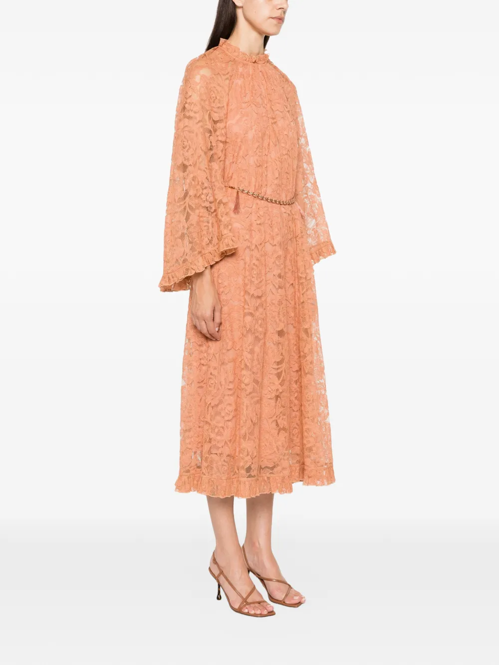 ZIMMERMANN Midi-jurk met kanten laag en ruches Oranje