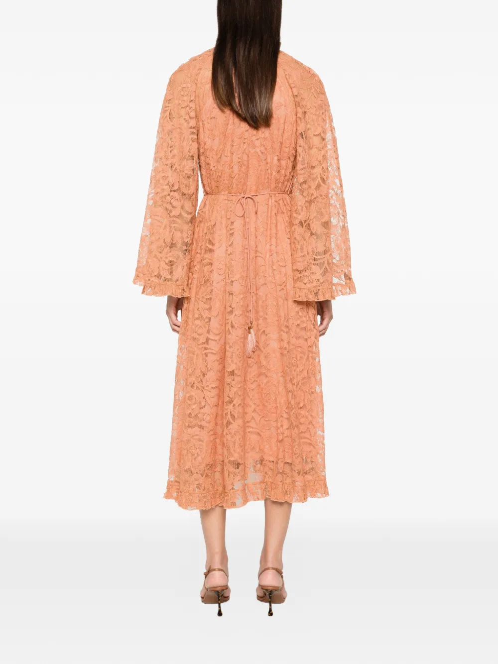 ZIMMERMANN Midi-jurk met kanten laag en ruches Oranje