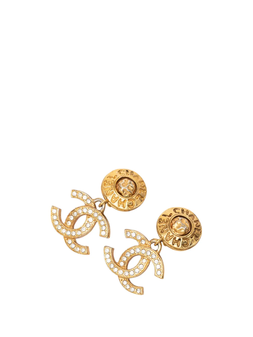 CHANEL Pre-Owned 1980-1990 Gold Plated CC Strass Drop Clip On Earrings costume earrings