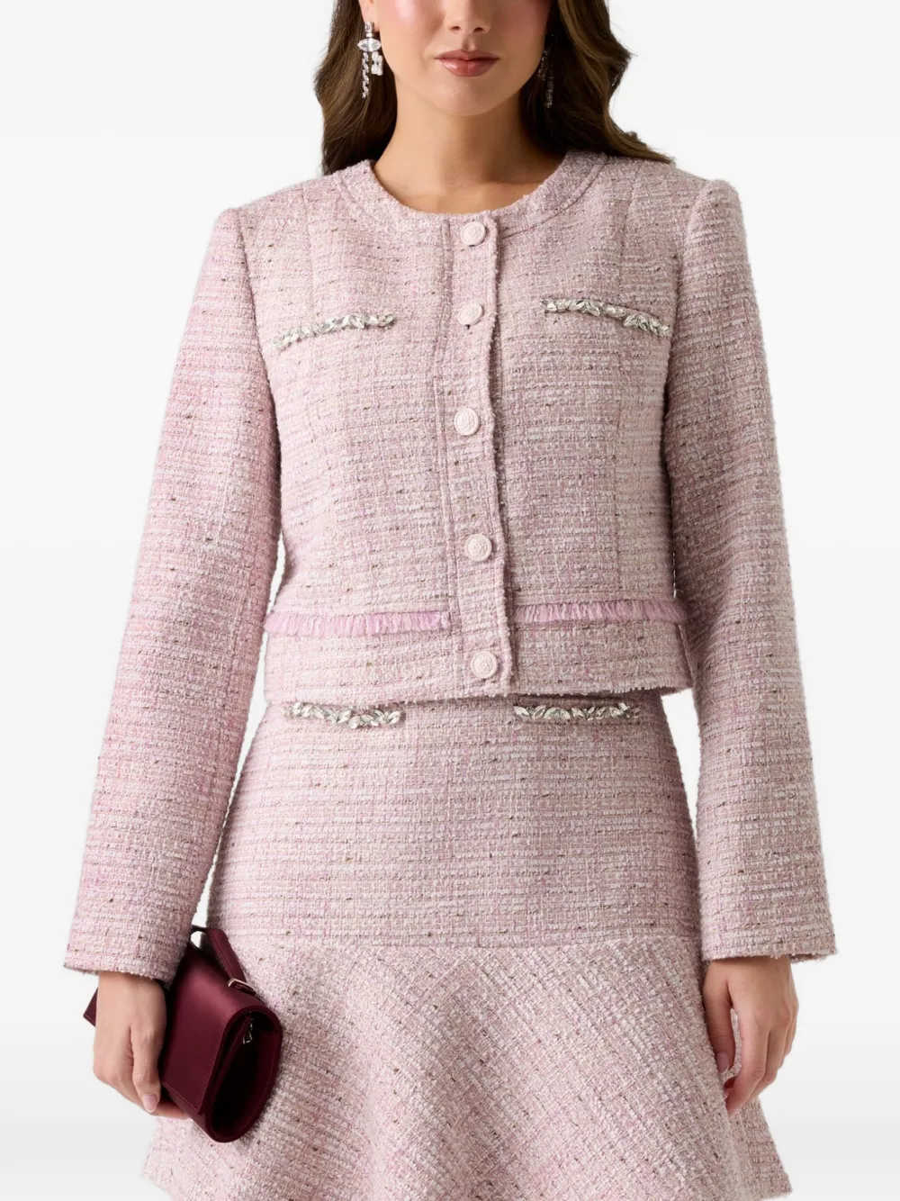GUESS USA Clotilde crystal-embellished tweed jacket - Rosa