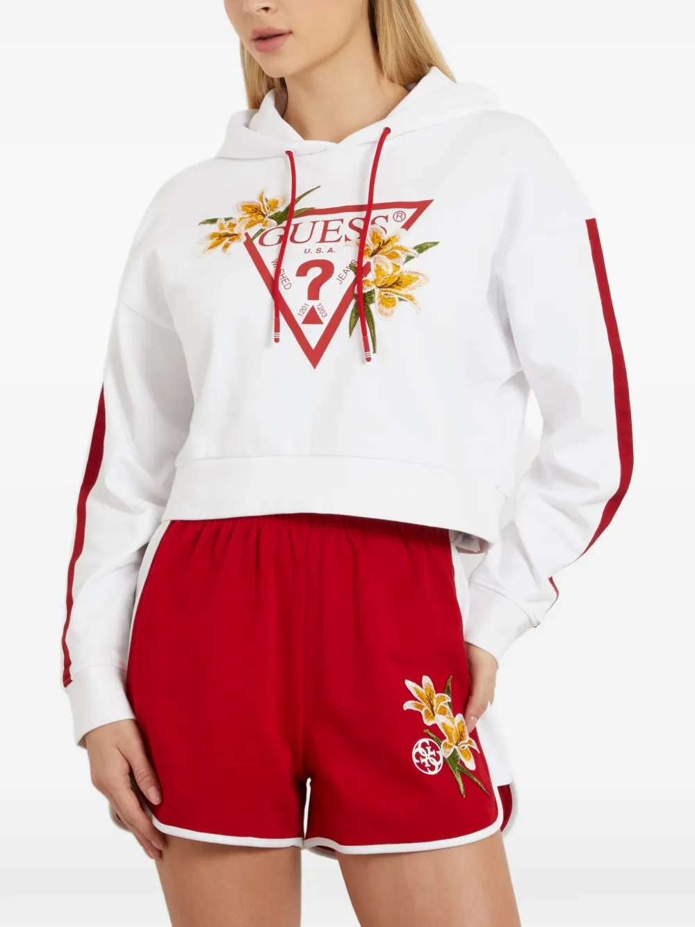 GUESS USA logo-print floral-embroidered hoodie Wit