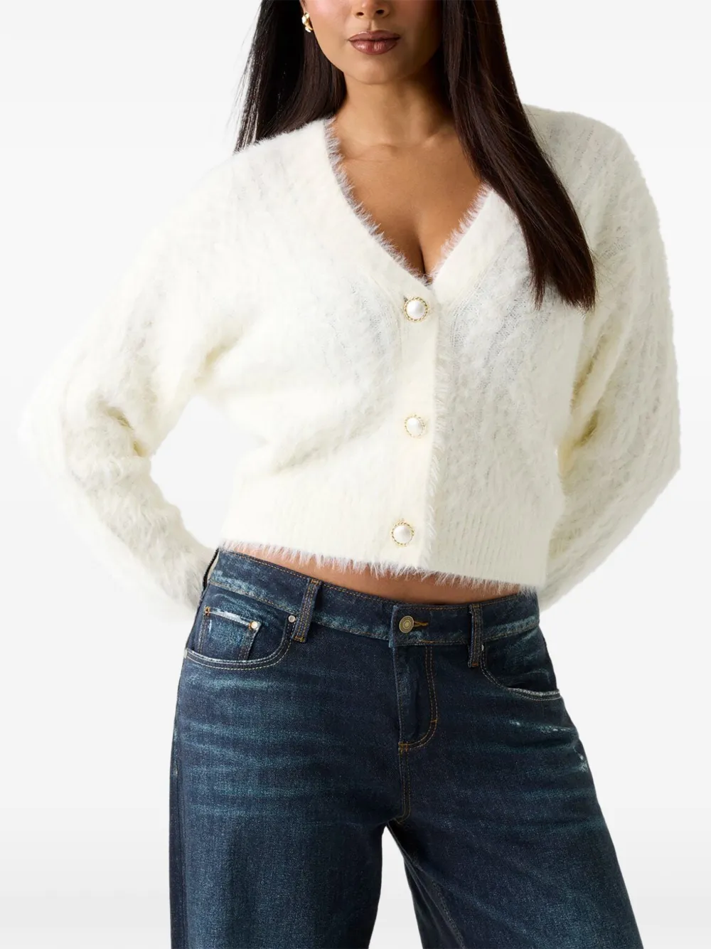 GUESS USA Kinako fuzzy V-neck cardigan Wit
