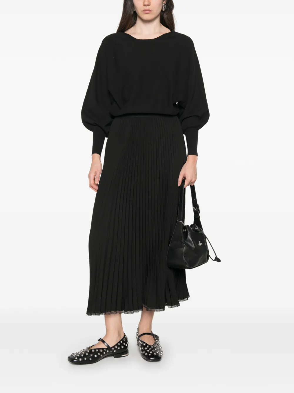 TWINSET Lange gebreide crêpe jurk met plooien Zwart
