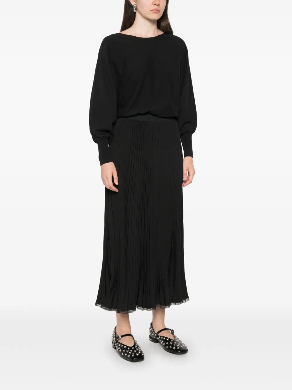 TWINSET Lange gebreide crêpe jurk met plooien Zwart
