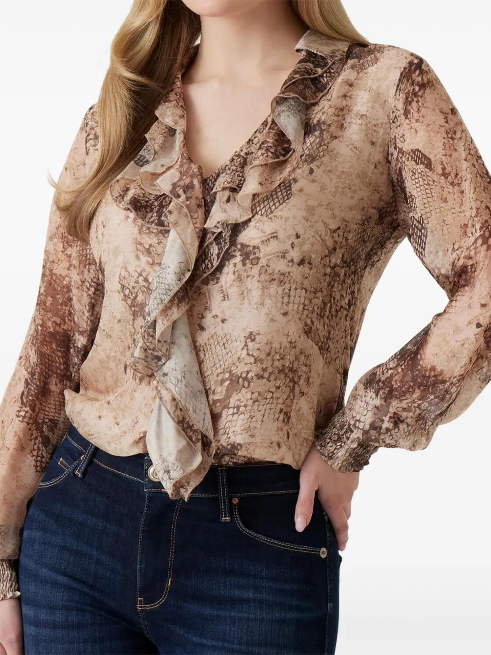 GUESS USA ruffled snake-print shirt Beige