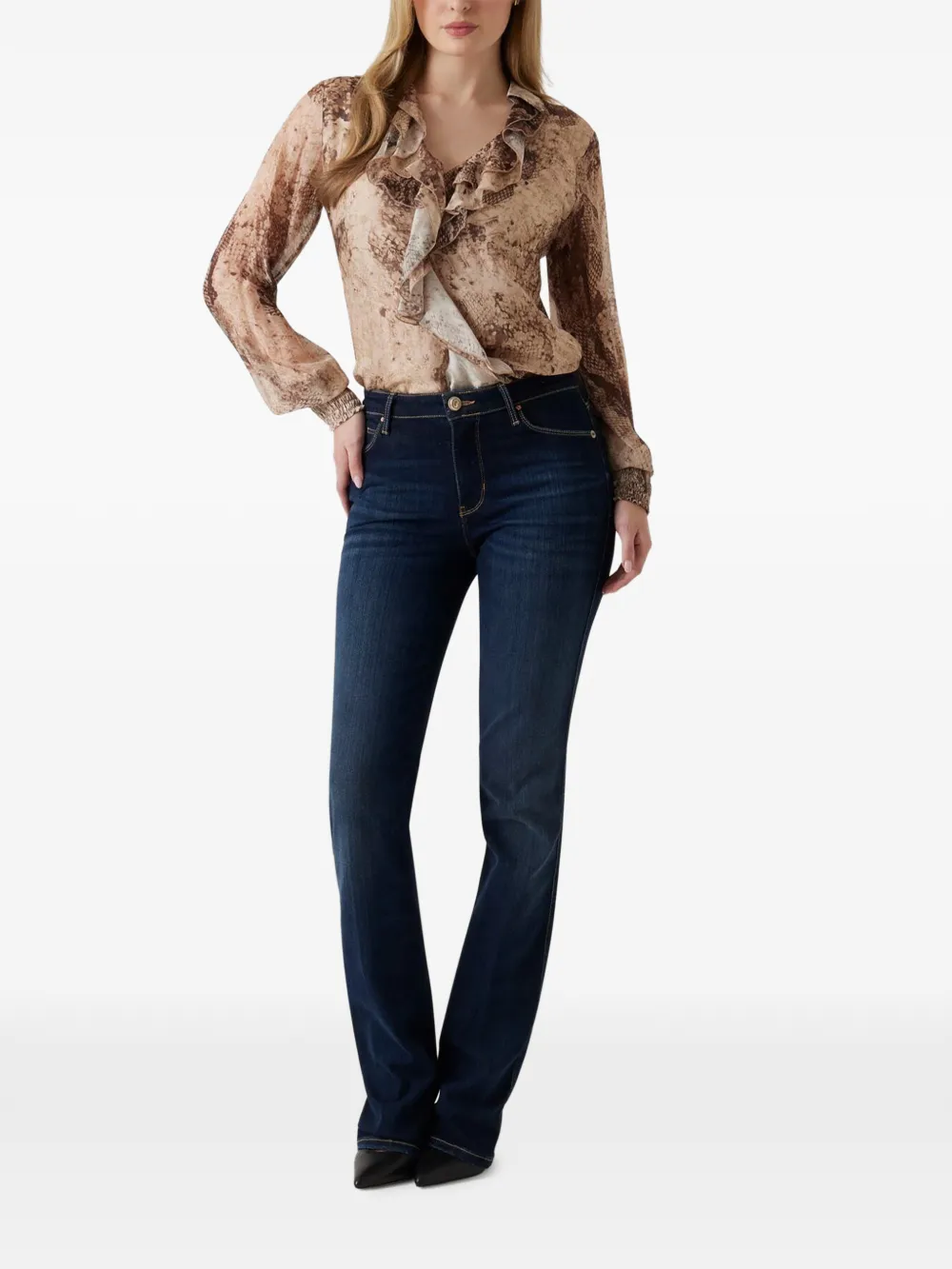 GUESS USA ruffled snake-print shirt Beige