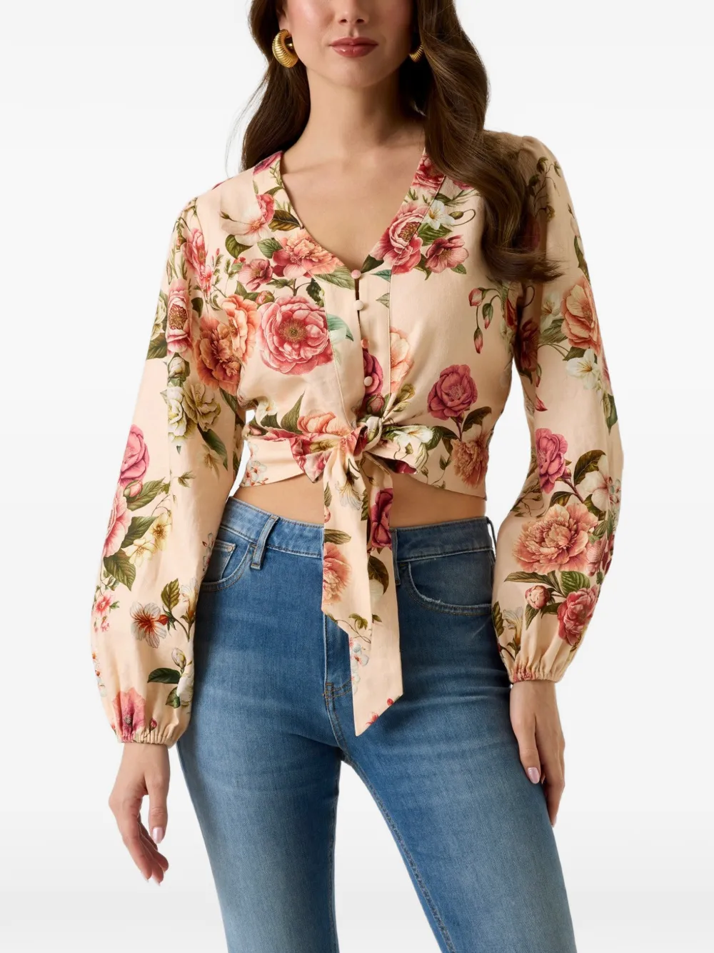 GUESS USA floral-print tie-front top Beige