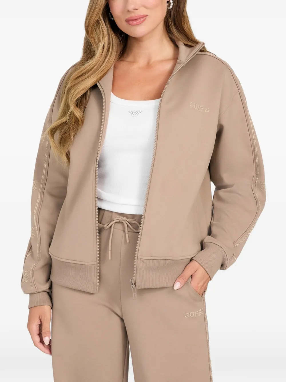 GUESS USA Felpa Octavia con zip e strass - Marrone