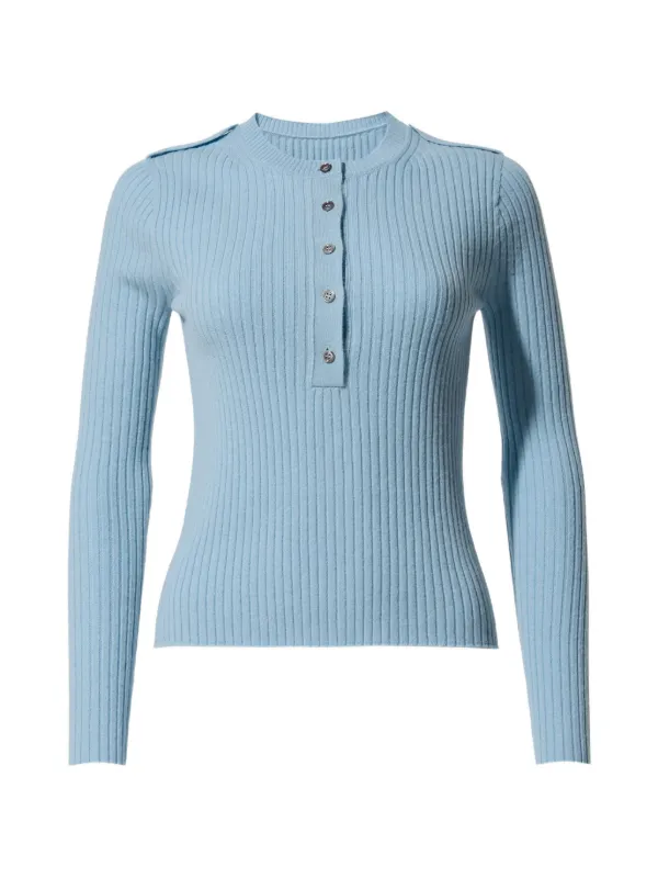 Perfect Moment Ribbed Henley Wool & Cashmere Top in Blue