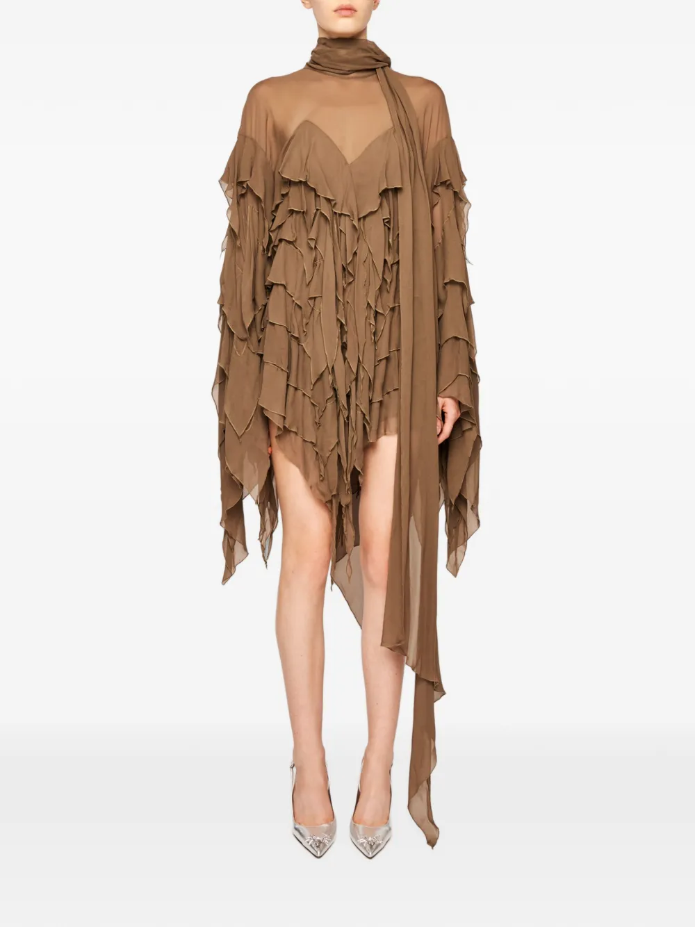 Blumarine ruffled long-sleeve asymmetric dress - Brown
