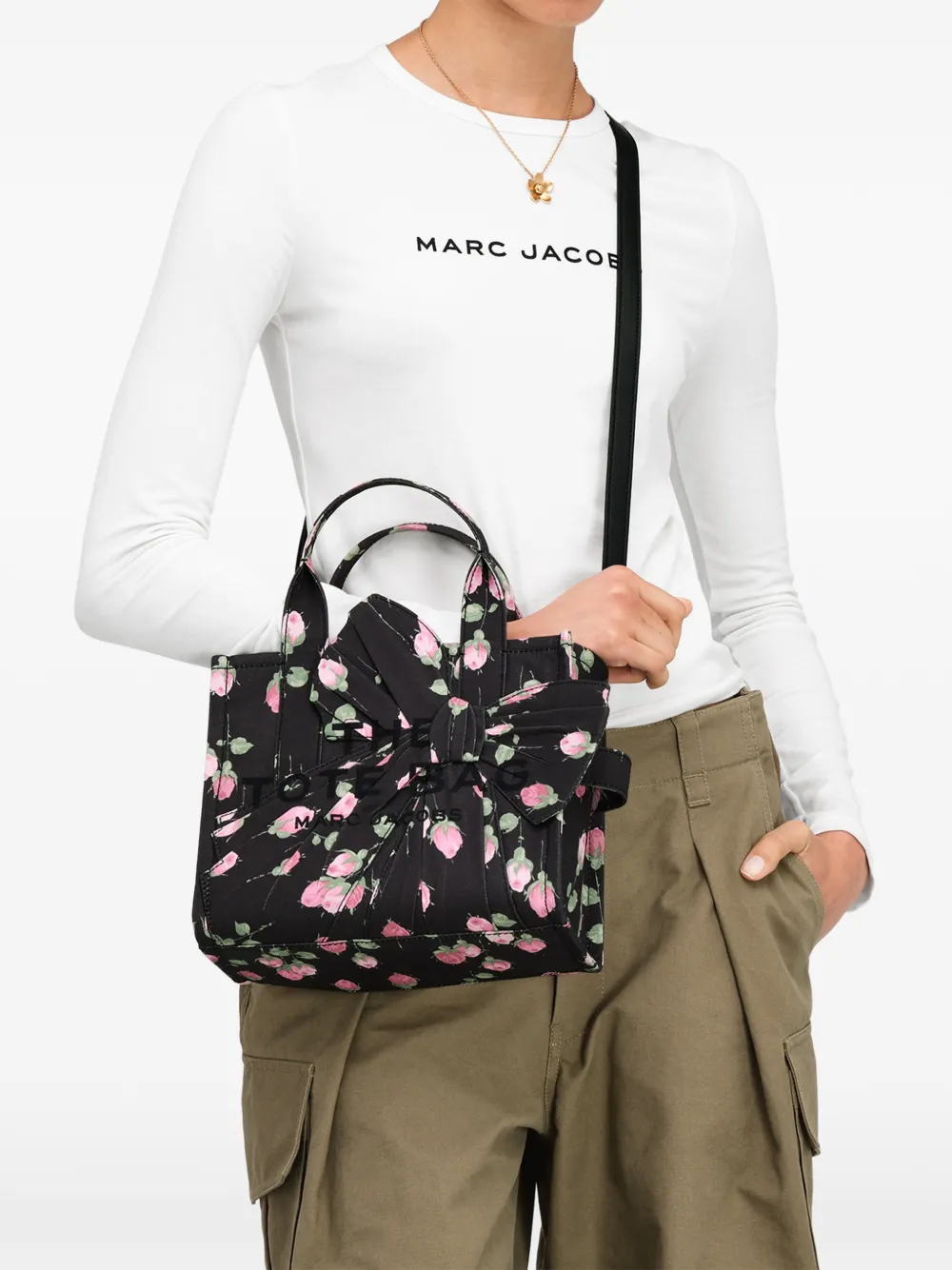 Marc Jacobs Kleine shopper in canvas met bloemen en oversized strik Zwart