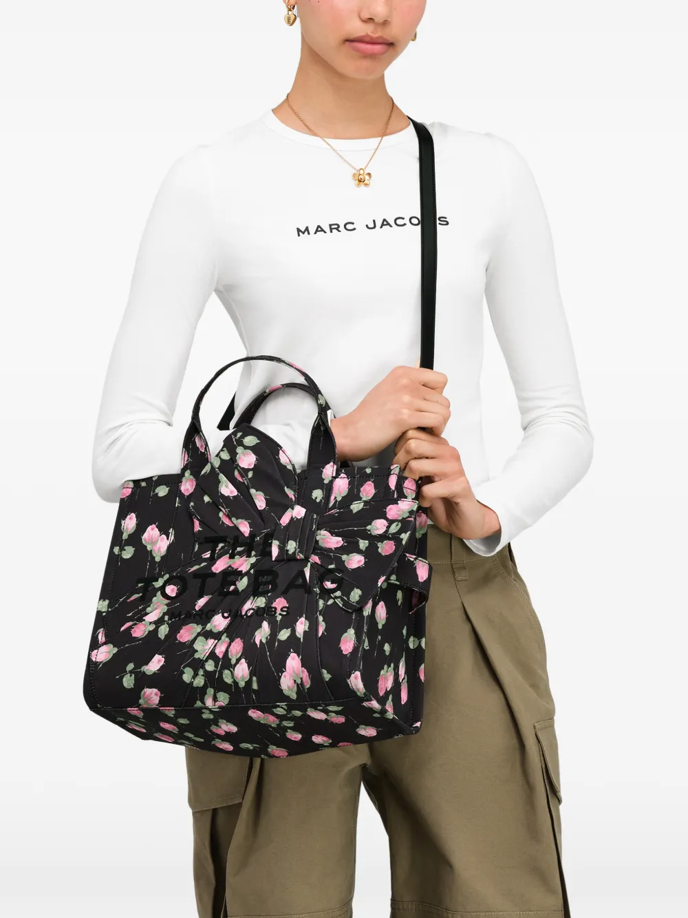 Marc Jacobs Medium canvas shopper met bloemen en oversized strik Zwart