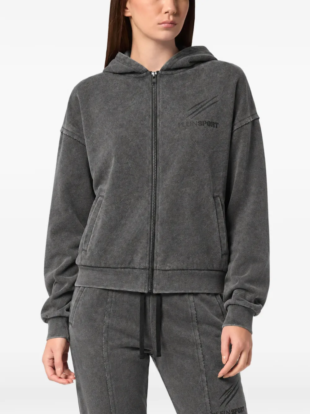 Plein Sport acid-wash zip-up hoodie Grijs