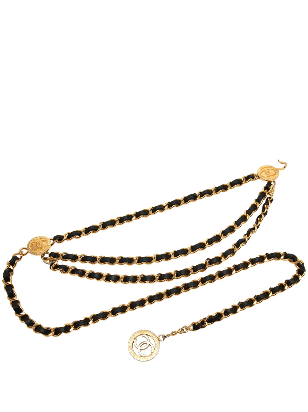CHANEL Pre-Owned 1980-1990 CC Gold Plated Leather Woven Medallion Triple Chain belt - Oro