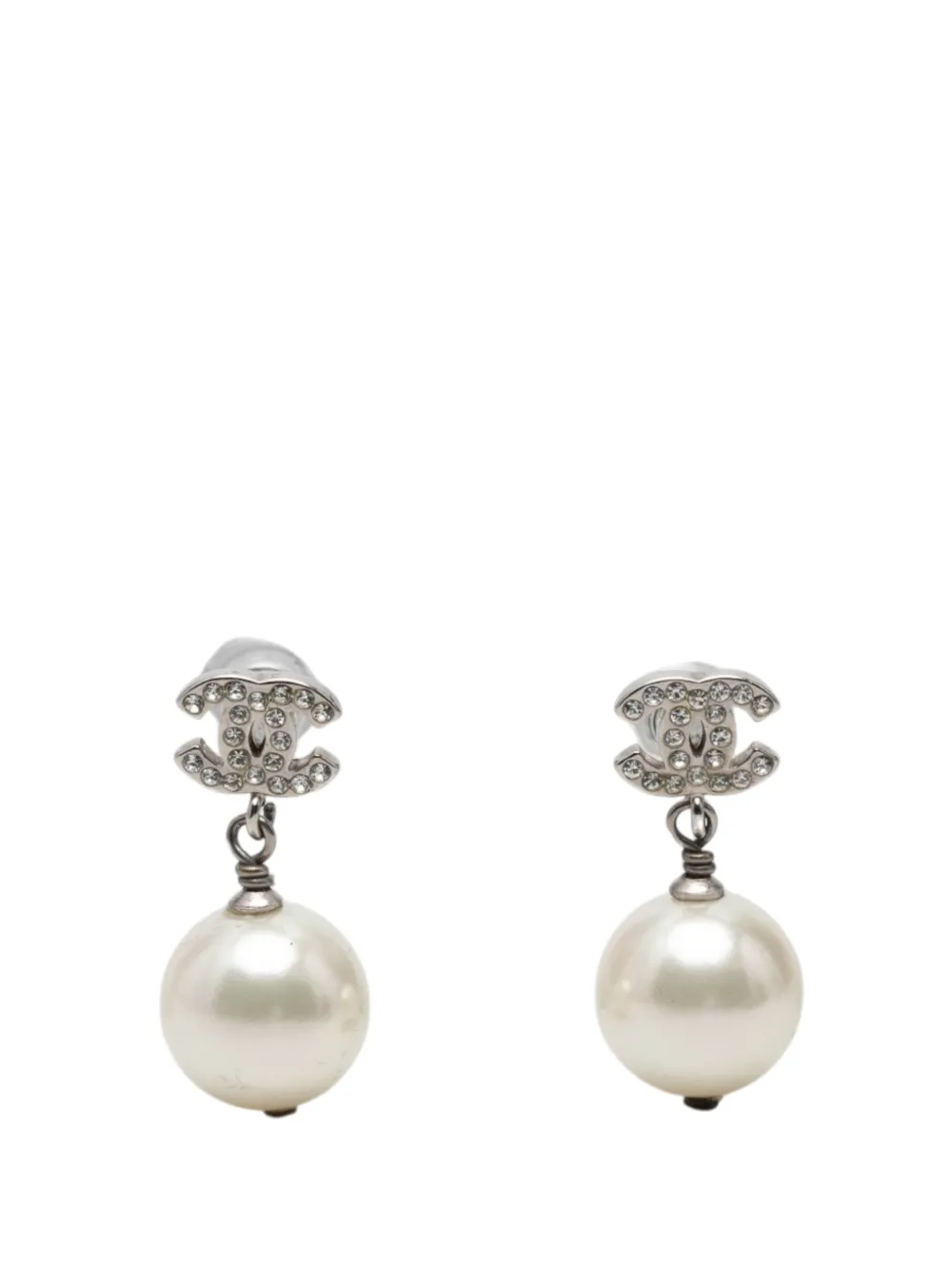 CHANEL Pre-Owned 2009 CC Brass Strass and Faux Pearl Drop Bullet Back Earrings costume earrings - Argento