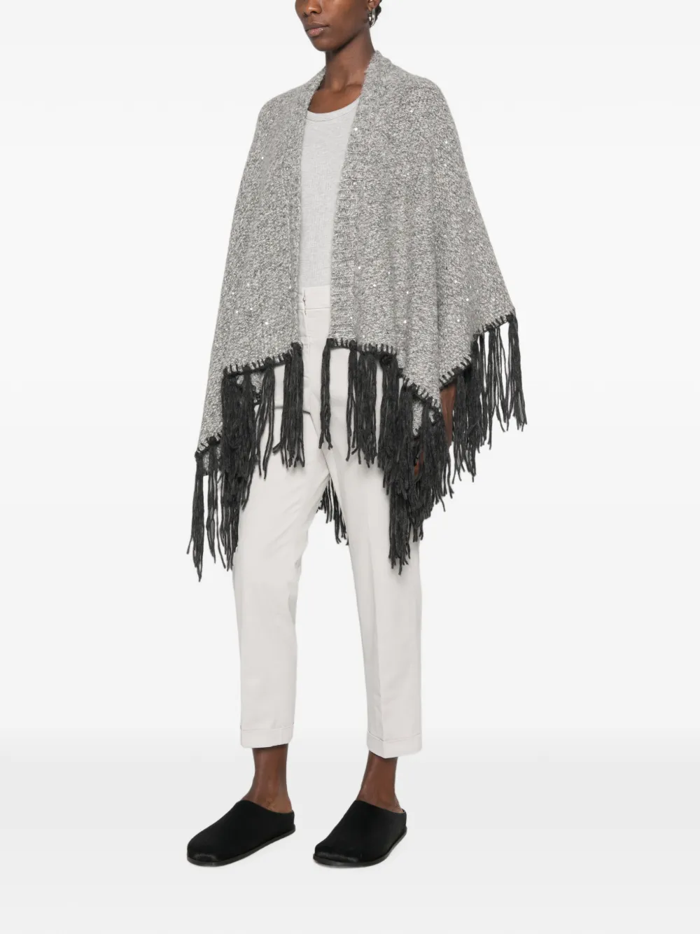 Peserico sequin-embellished fringed poncho Grijs