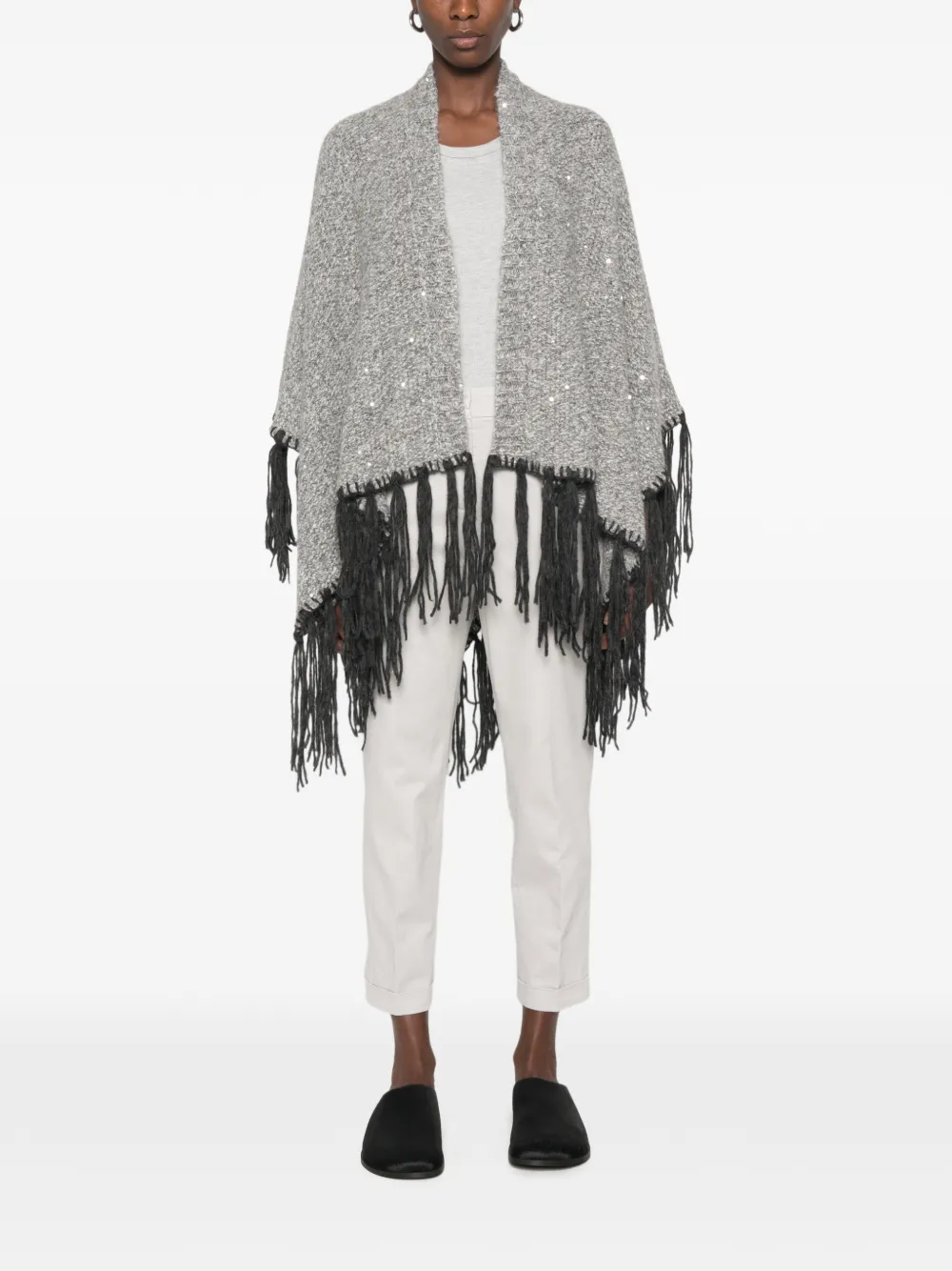 Peserico sequin-embellished fringed poncho Grijs