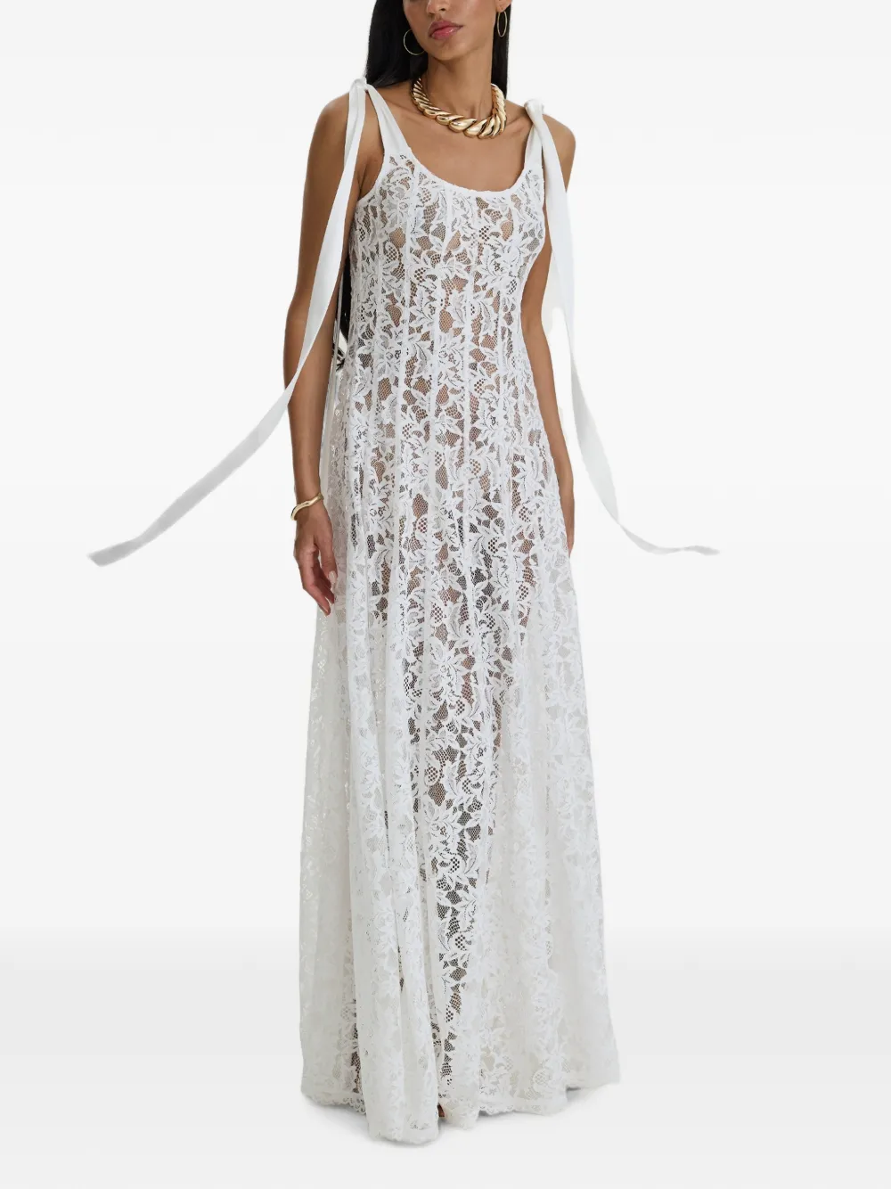 MOOS STUDIO Whisper maxi-avondjurk met striksluiting en kant Wit