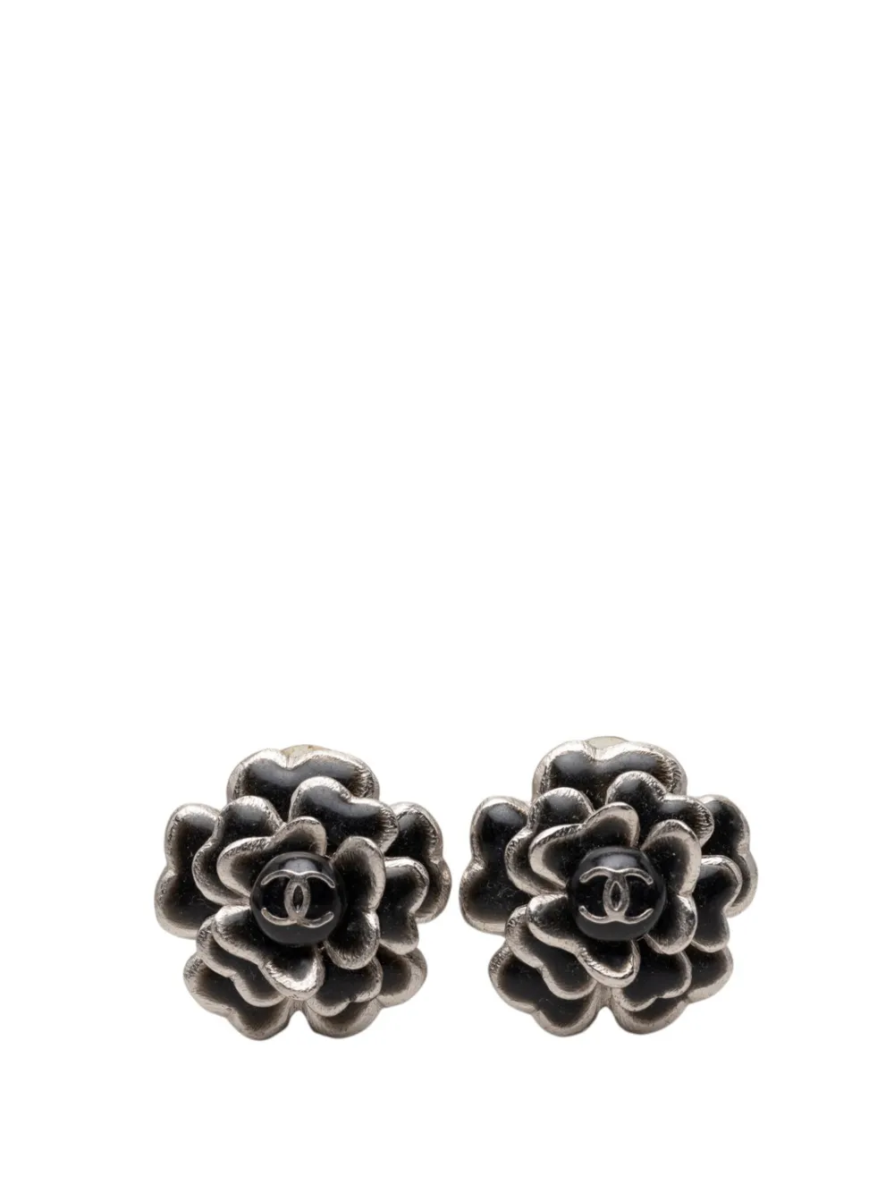 CHANEL Pre-Owned 2003 CC Brass Enamel Camellia Clip On Earrings costume earrings - Nero