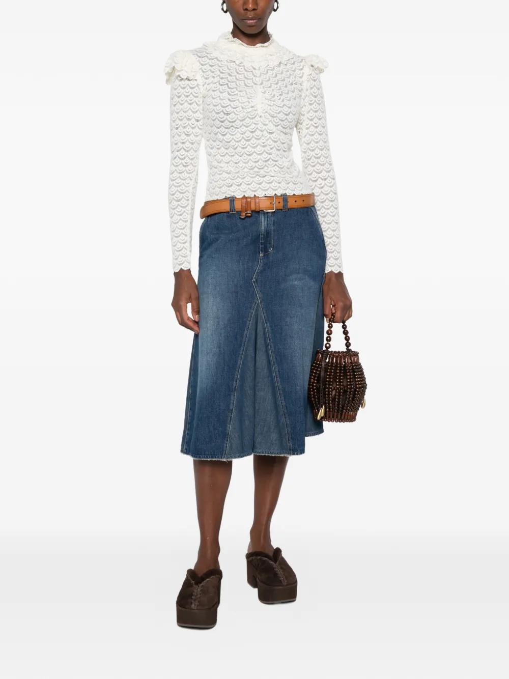 FARM Rio Gebreide kanten blouse met ruches Beige